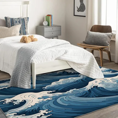 Vista 2 de Alfombra japonesa ondulada y decoración del hogar, alfombra de 4 x 5 pies, alfombras azules con ondas oceánicas para sala de estar, dormitorio, Onda