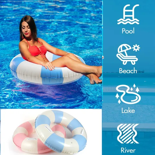 Vista 3 de Flotadores inflables de piscina para adultos, paquete de 2 flotadores a rayas, tubos de piscina, anillos de natación con asas, flotador inflable