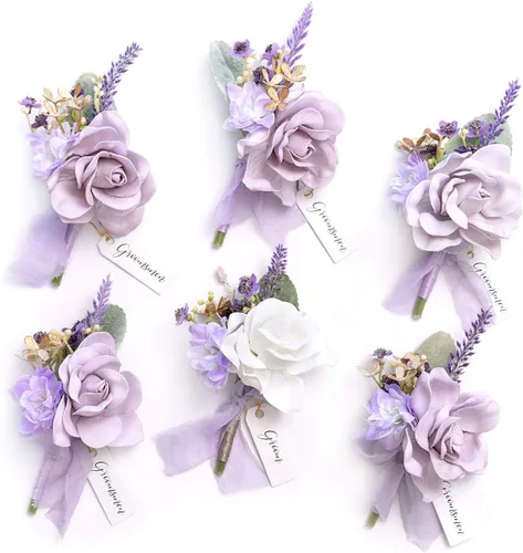 Vista 36 de Ling's Moment Boutonniere para Hombres Boda, Juego de 6, Novio y Padrinos Boutonniere para Boda Regreso a Casa Halloween Ceremonia Aniversario, Cena