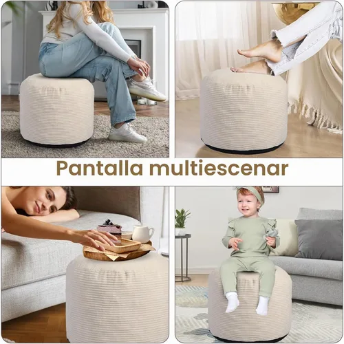 Vista 7 de Puf redondo otomano con relleno de trozos de espuma, otomanas de pana para sala de estar (20 x 15 pulgadas, beige)