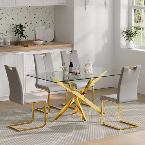 Vista 2 de Juego de mesa de comedor de cristal para 4, moderno juego de mesa de comedor de 51 pulgadas para 4, mesa de cristal dorada en forma de X con 4 Gris