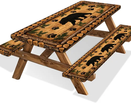 Vista 42 de Funda para Mesa de Picnic con Fundas para Bancos y Bolsa, Campista de Madera Impermeable Resistente al Viento, Cubierta de Mantel Ajustada con Borde