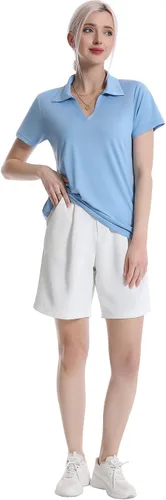 Vista 5 de Camisas polo con cuello en V para mujer, manga corta, cuello de golf Negro/Azul/Vino Rojo