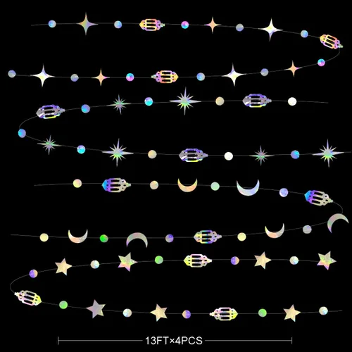 Vista 2 de Decoración iridiscente de Eid Mubarak Ramadán colgante de arco iris, estrella, luna, círculo, punto de media luna, lámpara de guirnalda, banderín