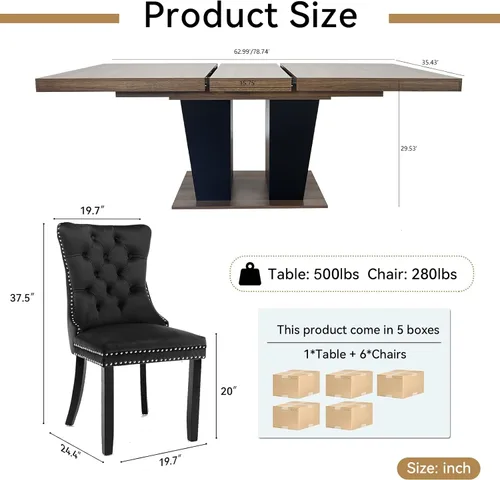 Vista 4 de Henf Juego de mesa de comedor extensible de 78 pulgadas para 6 mesas rectangulares de madera de 7 piezas con 6 sillas tapizadas de terciopelo, mesa
