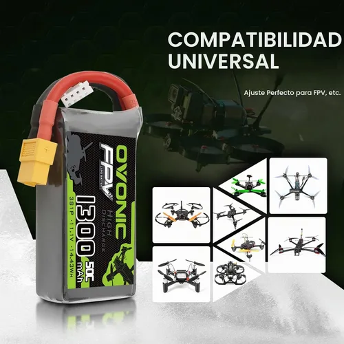 Vista 5 de OVONIC 3S Lipo Batería 50C 1300mAh 11.1V Lipo Batería con XT60 Conector para RC FPV Racing Drone Quadcopter