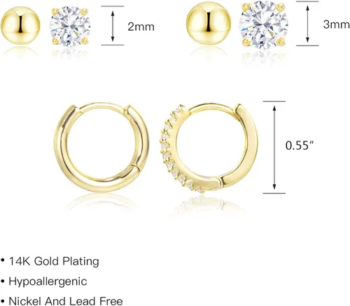 Vista 3 de Earring Sets for Multiple Piercing 14K Gold Plated Studs Earrings and Hoops Set Hypoallergenic Small Hoop CZ Ball Studs Earrings for Women Girls6