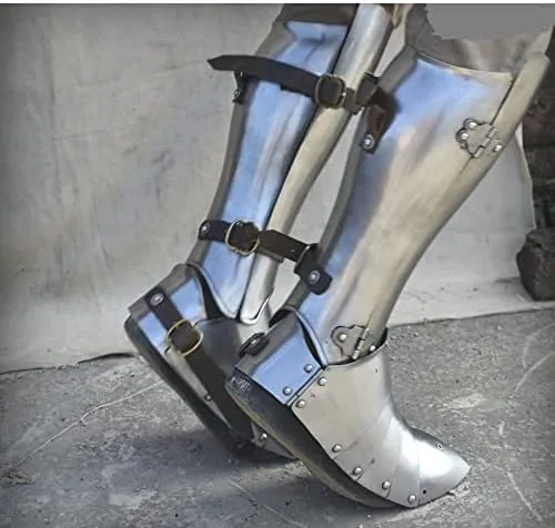 Vista 2 de Par de armadura medieval de acero Greaves con Sabaton SCA Combat Fighting Armour