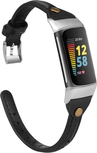 Vista 10 de Wearlizer Correa de cuero compatible con correas Fitbit Charge 5/6, correa de reloj de cuero delgada de repuesto para mujeres y hombres Beige