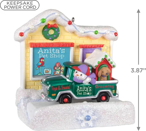 Vista 5 de Hallmark Keepsake Adorno navideño colgante 2023, colección Happy Holiday Parade Anita's Pet Shop musical con luz, regalos para ella