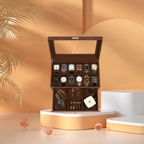 Vista 2 de GUKA Caja de reloj, caja de reloj con 12 ranuras, fundas de reloj para hombres con tapa de cristal real, organizador de reloj de cuero sintético