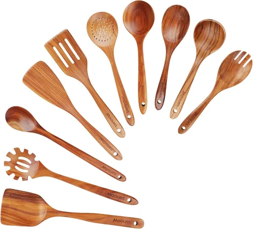 Vista 9 de Cucharón de madera para sopa, cucharón de madera de teca de 3 tamaños con ganchos traseros, cucharas de madera resistentes al calor para cocinar