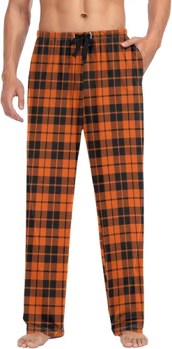 Vista 3 de Plaaee Pantalones de pijama para hombre, color naranja y negro, para Halloween, a cuadros, escoceses, para dormir, pantalones de pijama, pantalones