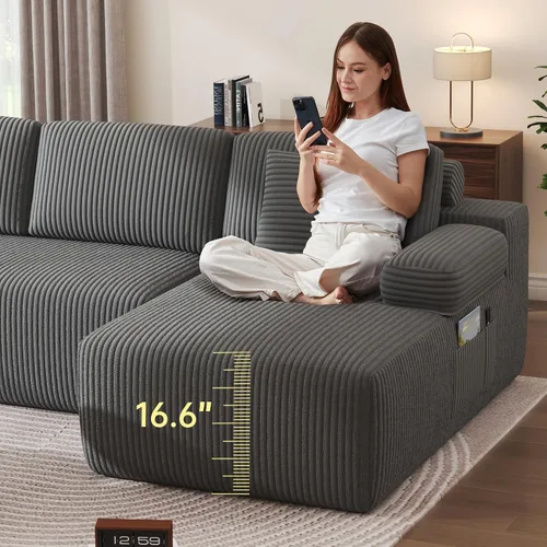 Vista 6 de Sofá Seccional Modular en Forma de U de 126.2'', Sofá Convertible de 4 Asientos, Sofás Sin Huesos para Sala de Estar (Gris) Sofá moderno de pana
