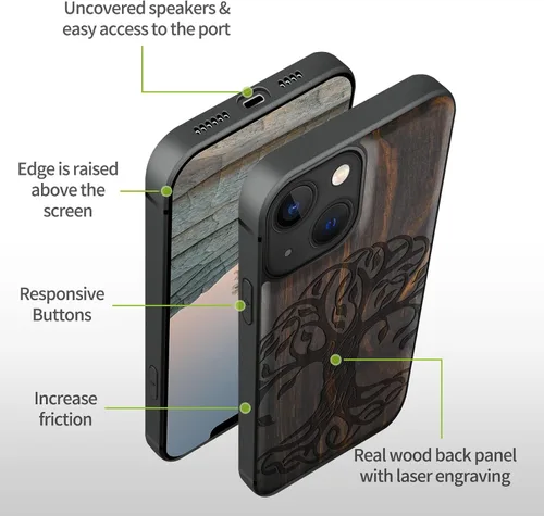 Vista 6 de Carveit Funda magnética de madera para iPhone 13 Mini, madera real dura y TPU suave, funda protectora híbrida de madera única y elegante a prueba