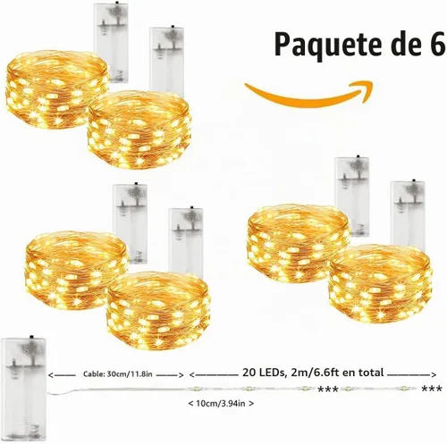 Vista 5 de Guirnalda de luces parpadeantes a pilas, paquete de 6 unidades, cable Cooper de 6.6 pies, 20 L, impermeable, para interiores, para dormitorio Blanco