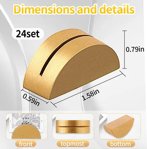 Vista 2 de 24 portatarjetas dorados para mesa, soportes de madera ligeros para números de mesa de boda
