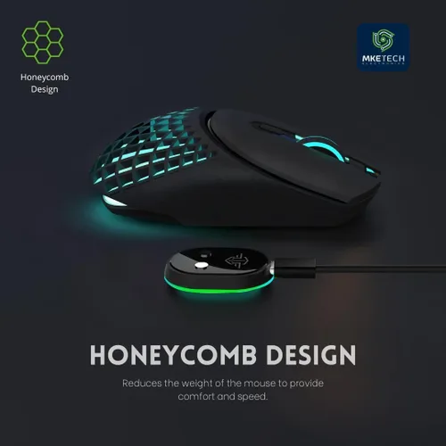 Vista 4 de Ratón de computadora con tres modos (Bluetooth/2.4G/cableado), mouse ligero con base de carga magnética, carcasa de panal, iluminación RGB