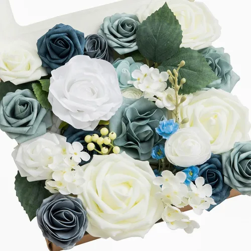 Vista 36 de Ling's moment Caja de flores artificiales, tallos de follaje artificial falso, rosas de espuma, dalia de seda, hierba de pampas, flor de tela