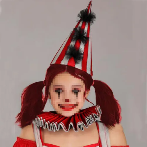 Vista 3 de Diadema de bufón asesino de miedo, rojo y blanco, disfraz de payaso de circo siniestro para mujer