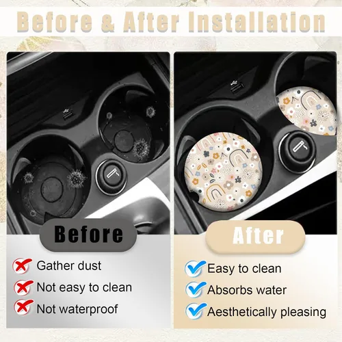 Vista 4 de Posavasos de automóvil con diseño de arcoíris y flores beige para portavasos de automóvil, paquete de 2 posavasos para mujeres y hombres, 2.56