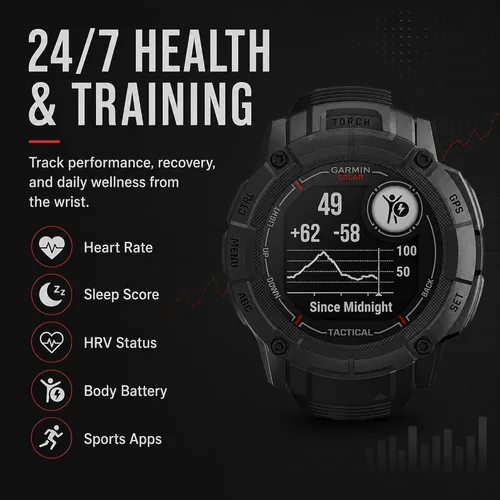 Vista 6 de Garmin Instinct 2X Solar - Edición táctica, carga solar, reloj inteligente GPS resistente, linterna integrada, calculadora de balística, paquete