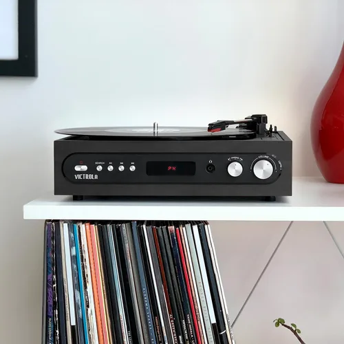 Vista 4 de Victrola Tocadiscos 3 en 1 – Reproductor de discos Bluetooth de 3 velocidades (33 1/3, 45, 78 RPM) con radio FM y altavoces estéreo incorporados