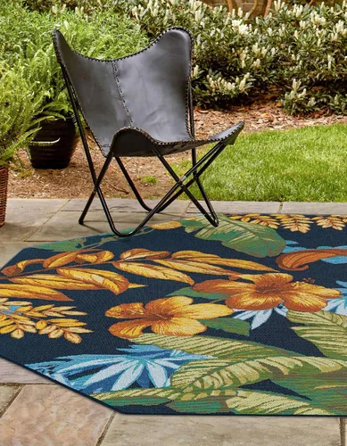 Vista 4 de Unique Loom Outdoor Botanical Collection - Alfombra de área Calypso (4 pies 1 pulgada octágono multi/azul claro)
