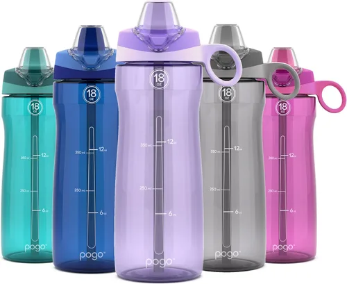 Vista 11 de Pogo Botella de agua de plástico Tritan sin BPA con tapa de popote suave, 18 onzas, azul