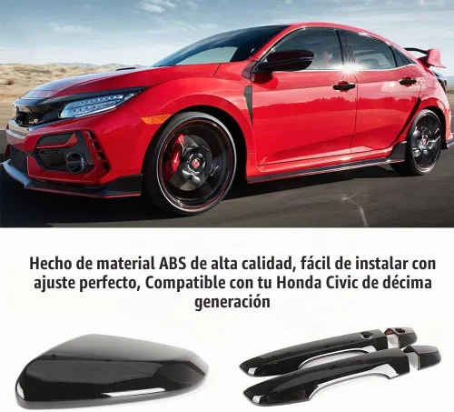 Vista 5 de Cubierta de espejo lateral + Kit de cubiertas para manija de puerta Compatible con Honda Civic 10ª generación 2016 2017 2018 2019 2020 2021 (Negro)