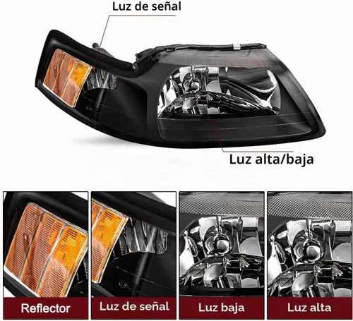 Vista 2 de JSBOYAT Conjunto de faros halógenos estilo OE para Ford Mustang 1999 a 2004 Carcasa negra con reflector ámbar