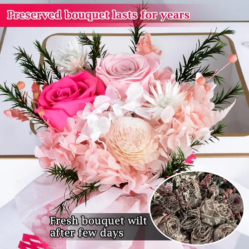 Vista 6 de Ramo de flores preservadas, flores para entrega, regalo para ella, novia, mamá en Navidad, día de San Valentín, día de la madre, aniversario