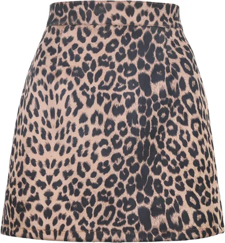 Vista 7 de LYANER Minifalda corta acampanada de gamuza sintética con estampado de leopardo y cintura alta con cremallera