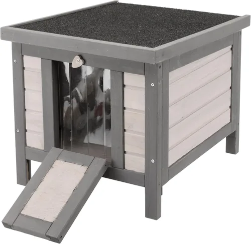 Vista 7 de TRIXIE Casa pequeña para gatos al aire libre, resistente a la intemperie, con suelo elevado, techo de asfalto con bisagras y apertura cubierta