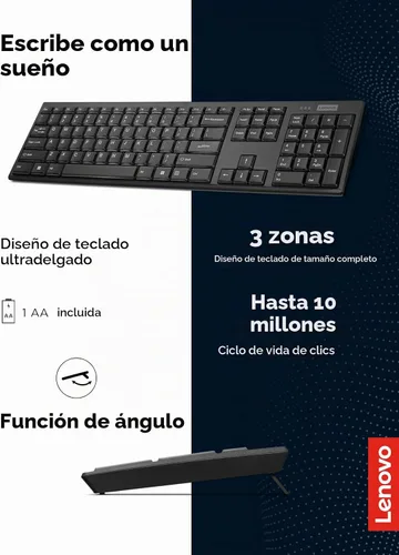 Vista 3 de Lenovo Teclado compacto inalámbrico 100 - Teclado inalámbrico para PC y portátil con Windows - Teclas silenciosas - Diseño de tamaño completo