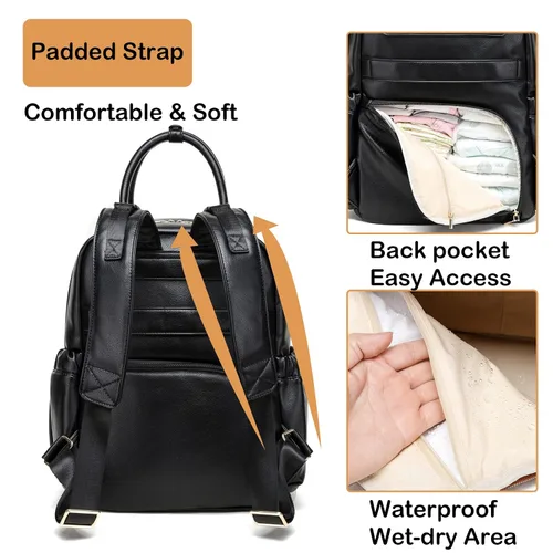 Vista 5 de Mochila de cuero para pañales para mujer con múltiples bolsillos, compartimento para laptop y cambiador.