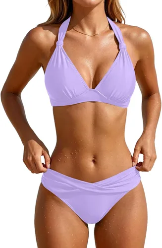 Vista 32 de Yonique Traje de baño de dos piezas para mujer, conjunto de bikini push up, traje de baño halter, traje de baño vintage Verde Aqua