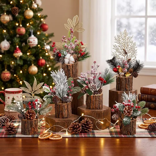Vista 2 de Tioncy 6 Set Christmas Floral Table Centerpiece Bulk Bark Frosted Woodland Artificial Holly Red Berry Pine Cone Greenery Stems Picks Arrangement