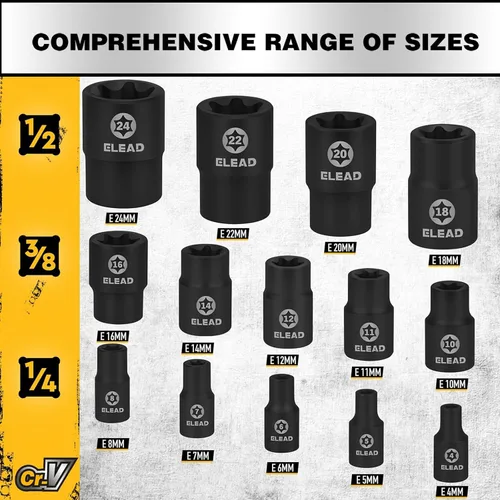Vista 2 de Juego de llaves de vaso E-Torx invertidas de 17 piezas, acero Cr-V de impacto prémium E4 - E24 Star hembra para llave de impacto 1/2 3/8 1/4 Kit