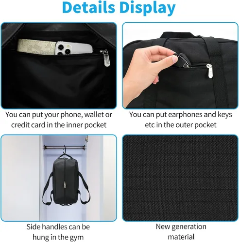 Vista 5 de Pequeña bolsa de gimnasio de 14 pulgadas, ligera, de transporte, mini bolsa de lona para viajes y deportes, Negro -, Bolsa de gimnasio pequeña