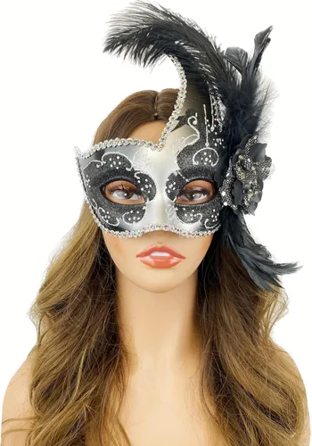 Vista 6 de Máscara de plumas venecianas para mujer, disfraz de Halloween, Mardi Gras, cosplay, fiesta de boda