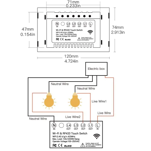 Vista 6 de Interruptor inteligente MOES táctil de pared, WiFi de 2.4 GHz con cable neutro requerido, control múltiple de 3 vías, panel de vidrio. Funciona