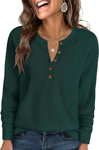 Vista 9 de ANRABESS Camisas de manga larga Henley de punto gofre para mujer Negro
