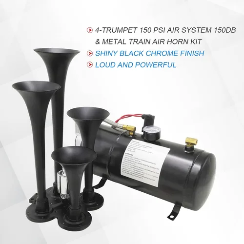 Vista 2 de Kit de bocinas de tren de 150DB con 4 trompetas, súper fuerte con compresor de aire de 150 PSI 12V, tanque compresor de bocina de aire