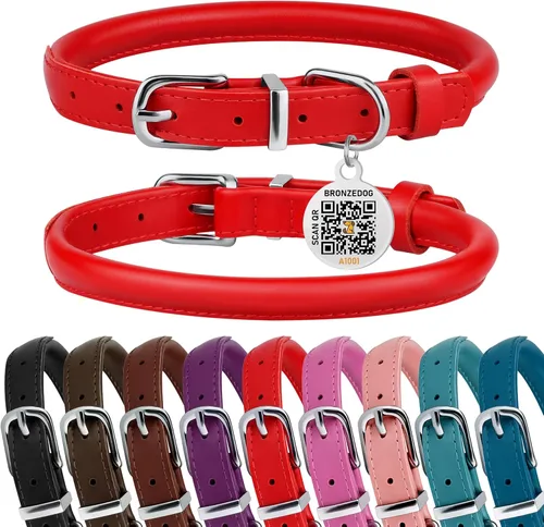 Vista 13 de Collar de perro de cuero enrollado, etiqueta QR, antienredos