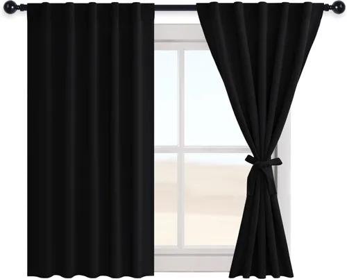 Vista 8 de Hiasan Cortinas opacas negras para dormitorio, cortinas opacas cortas de 45 pulgadas de largo, con aislamiento térmico, bolsillo para barra