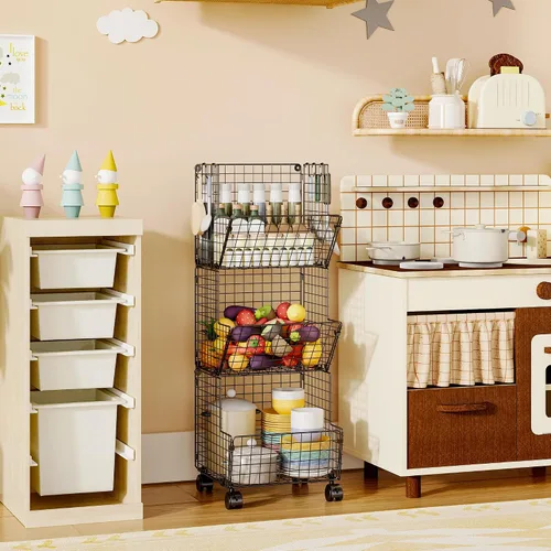 Vista 8 de Sonyabecca Cesta de Almacenamiento de Juguetes para Exteriores, Organizador de Cocina de Juego con 5 Ganchos en S, Carrito de Almacenamiento Rodante