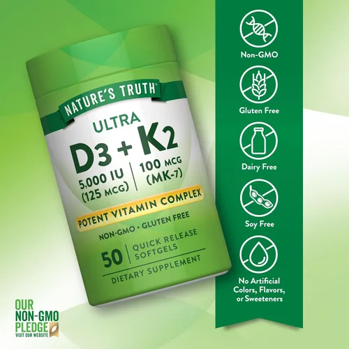 Vista 3 de Nature's Truth Complejo de vitamina K2 MK7 100 mcg 50 cápsulas blandas con D3 Suplemento sin OMG y sin gluten