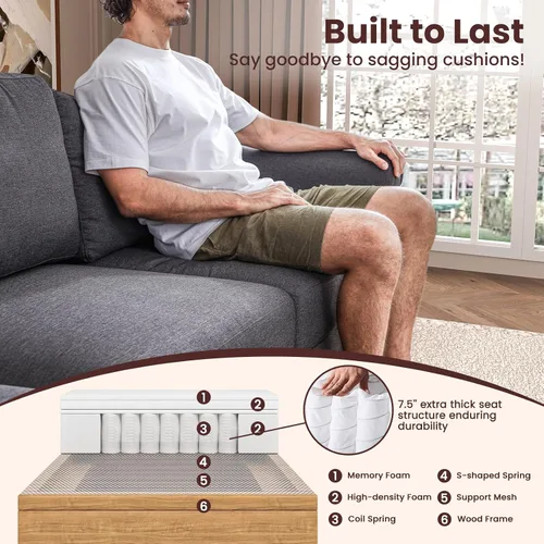 Vista 8 de Moderno sofá modular de 9 plazas, sofá cama convertible en forma de U con almacenamiento, tela de lino sin brazos en forma de L para sala de estar
