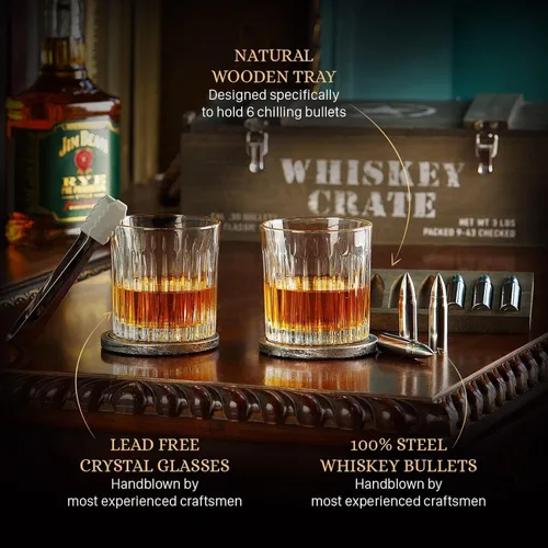 Vista 4 de Royal Reserve - Juego de regalo de piedras de whisky Bullet Vasos de bourbon hechos a mano, posavasos, caja – Regalos de whisky para hombres